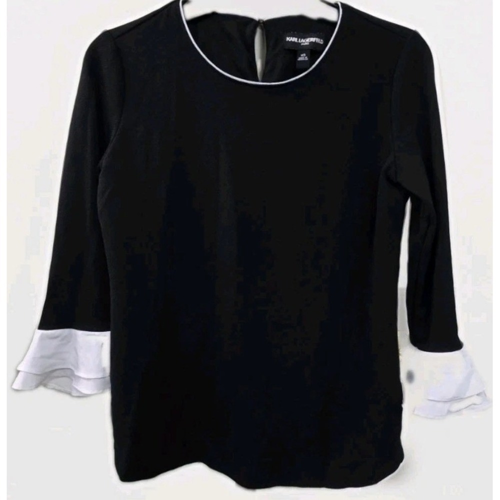 Karl Lagerfeld Paris Womens Black Ruffle Cuff 3/4 Sleeve Blouse Top XS
